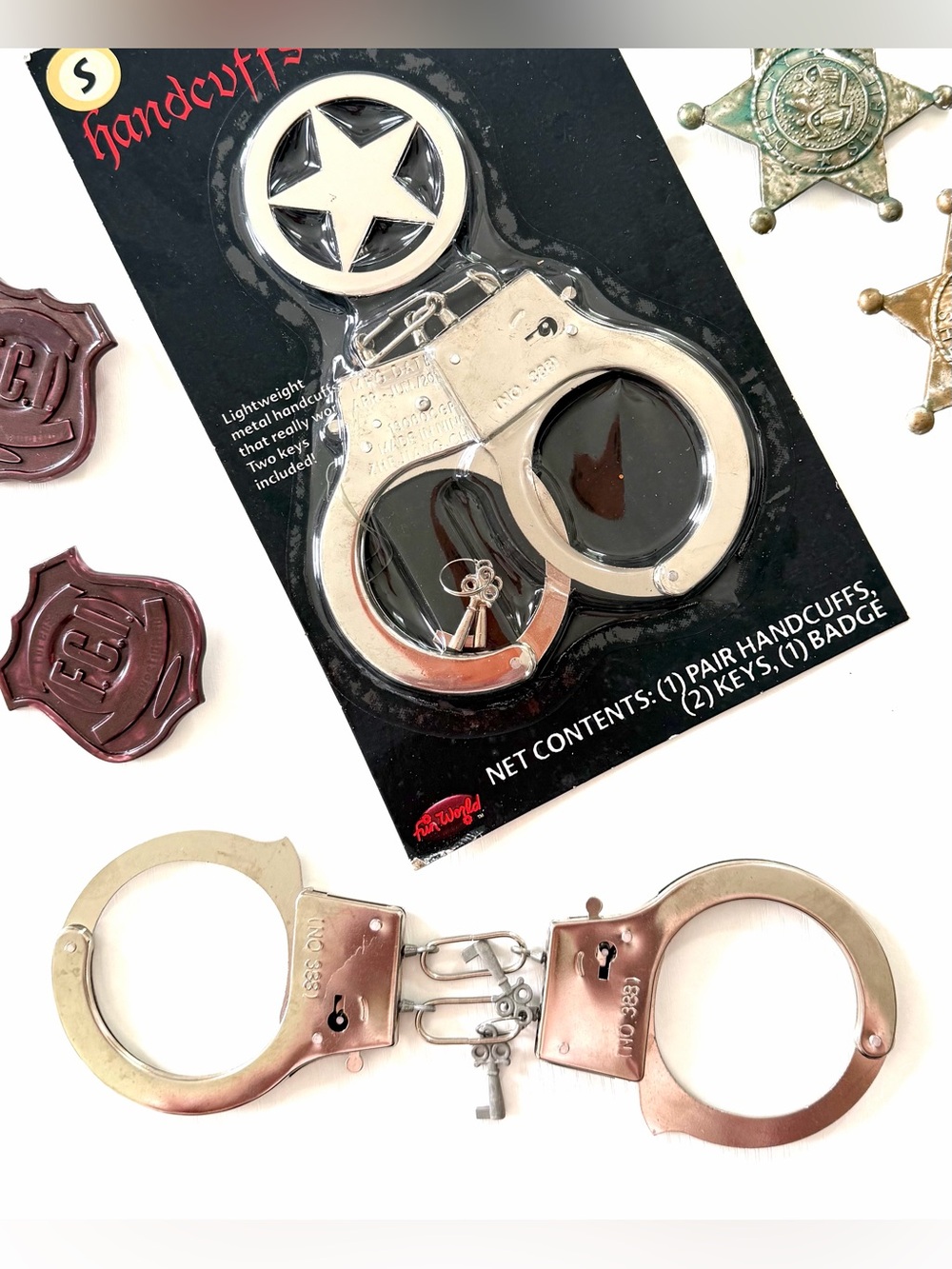 Handcuffs  & Badges 2 pair each working metal handcuffs & keys